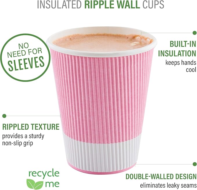 Restaurantware 8 Ounce Double Wall Disposable Coffee Cups, 500 Insulated Light Pink Paper Tumblers, with Ripple Wall Design, Lids Sold Separately for Hot Drinks like Tea, Coffee and More