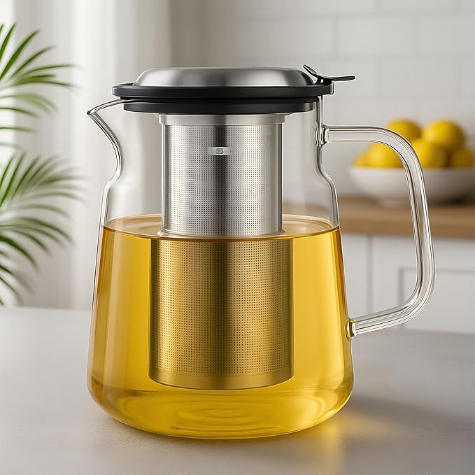 Aquach Glass Teapot with Removable Infuser - 57oz Borosilicate Tea Pot for Stovetop & Cold Brew, Stainless Steel Filter for Loose Leaf/Iced Tea