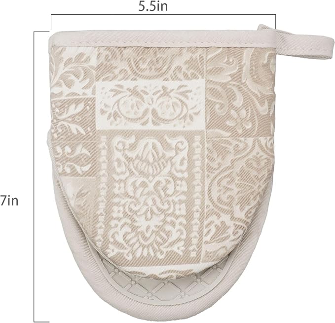 Mini Silicone Oven Mitts, Heat and Slip Resistant Kitchen Mittens 2-Pack Set, Khaki Patchwork Flower Soft Short Oven Gloves, Flexible Thick Pot Holders for Safe Cooking Baking & Grill (Khaki)