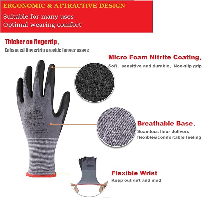 Safety Work Gloves MicroFoam Nitrile Coated-12 Pairs,Seamless Knit Nylon Gloves,Home Improvement,Micro-Foam Gloves