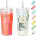 Colorful High Borosilicate Glass Cups With Lids and Glass Straws，20 OZ Rainbow Iced Coffee Water Tumbler Smoothie