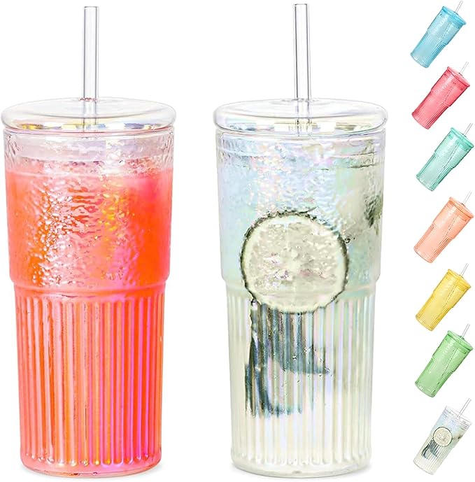 Colorful High Borosilicate Glass Cups With Lids and Glass Straws，20 OZ Rainbow Iced Coffee Water Tumbler Smoothie