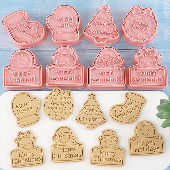 8 Piece Christmas Cookie Cutters, 3d Raised Design Gingerbread Cookie Stamps, Cookie Cutter Set suitable for Frosting Decoration, Mini Pie Molds, Apple Pie Pastry Biscuit Cutter (Christmas-F)