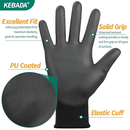 Kebada W1 Safety Work Gloves, PU Coated Touch Screen Work Gloves with Grip, Bulk Pack Working Gloves for Warehouse, Construction, Gardening and Mechanic Use, Black, 50 Pairs, X-Large