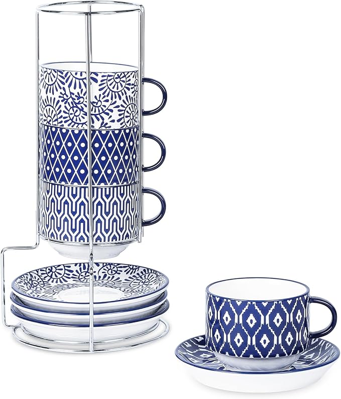 Selamica Ceramic Cappuccino Cups with Saucers and Metal Stand, 8 OZ Stackable Espresso Coffee Cups for Coffee, Latte, Americano, Tea, Set of 4, Vintage Blue