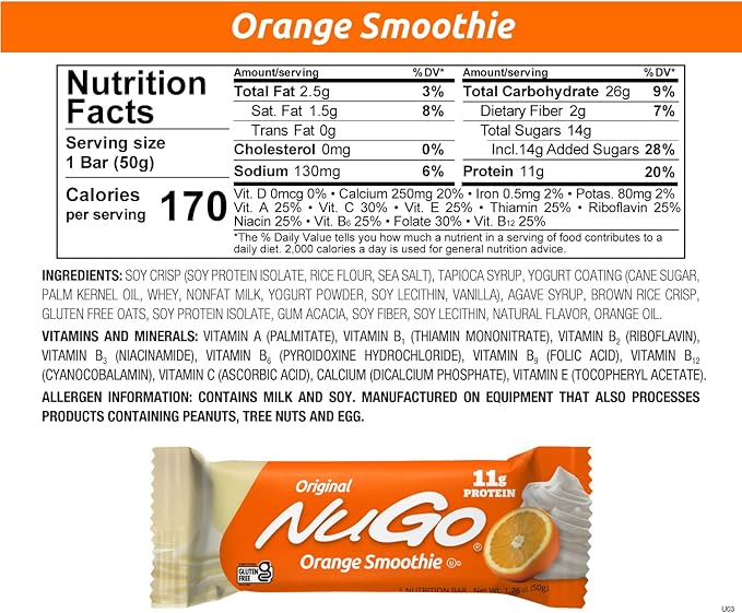 NuGo Protein Bar, Orange Smoothie, 11g Protein, Gluten Free, 15 Count