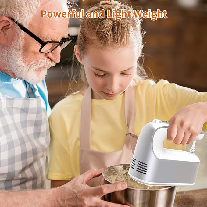 9-Speed Digital Hand Mixer Electric, 400W Powerful DC Motor, Baking Mixer Handheld with Snap-On Storage Case, 5 Stainless Steel Accessories, Flat Beaters, Dough Hooks, Whisk (Silvery & White)