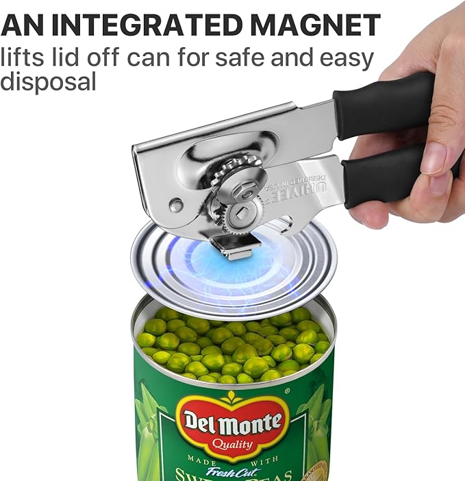 Can Opener Manual Heavy Duty, UHIYEE Hand Held Can Openers for Seniors with Comfort Grip Sharp Blade, Solid Steel Hand Manual Can Open with Magnet for Kitchen Camping, Black
