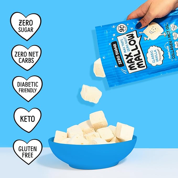 Max Mallow Sugar Free Marshmallows - Keto Friendly, Perfect for S'mores, Hot Chocolate, and Baking with Zero Sugar Snacks, Smores Mct Oil Zero Sugar Marshmellow Marshmallow Lightning Vanilla, Mint Chip, Cinnamon Toast, Burnt Caramel, Birthday Cake, & C...