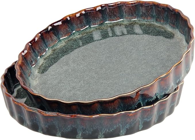 7 Inch Ceramic Pie Pan Quiche Dish 13.5 Ounces Baking Pan, Set of 2 Au Gratin Baking Dishes, Non-Stick Tart Pan, Pie Plate for Apple, Oven Safe, Round Ruffled Edge 7.7 Inch