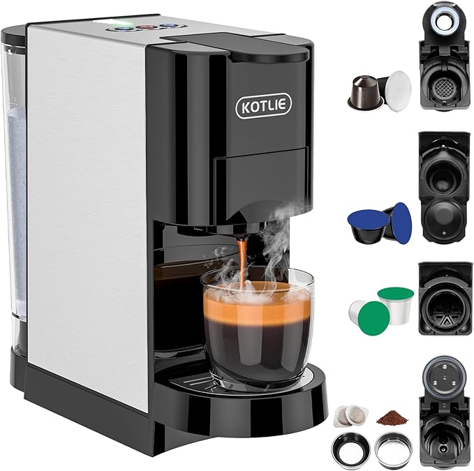 KOTLIE 19Bar Single Serve Coffee Maker, 5in1 Espresso Machine for Keu* kcup Capsules/Nespresso Original/Dolce Gusto/Ground Coffee/44mm ESE, Level 7 Water volume, Hot&Cold Brew Coffee Machine
