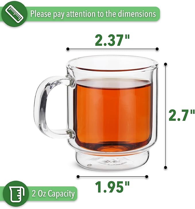BTaT - Stackable Espresso & Demitasse Glass Coffee Cups, Set of 6 (2.0 oz, 60 ml), Double Wall, Clear