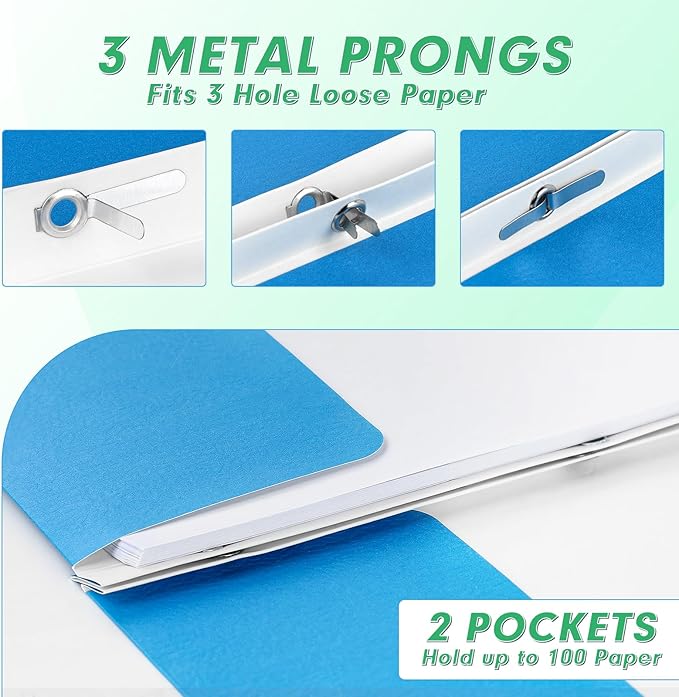 Two Pocket Folders, PANDRI 100 Pack Two Pocket Folders with Prongs, Designed for Office and Classroom, Assorted 5 Colors 2 Pocket 3 Prong Folders