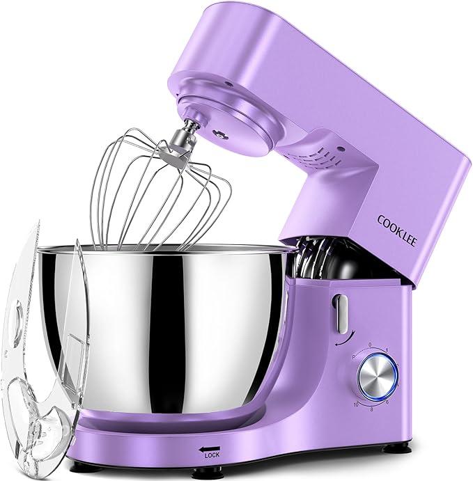 COOKLEE Stand Mixer, 9.5 Qt. 660W Electric Kitchen Mixer with Dishwasher-Safe Dough Hooks, Flat Beaters, Wire Whip & Pouring Shield Attachments for Most Home Cooks, Lavender