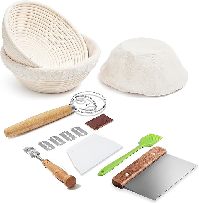 Banneton Bread Proofing Basket - Rattan Proofing Baskets for Sourdough Bread | Banneton Baskets Bowls with Linen Liners for Artisan Homemade Bread Baking (9 inch Basket Set of 2 with Baking Supplies)