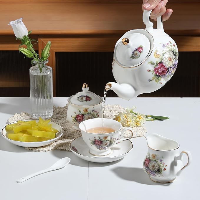 Sweejar Porcelain Tea Sets, Vintage British Floral Relief Gold Rimmed Teapot Cup and Saucer Set, Tea Set Service for 6, with Teapot, Sugar Bowl, Milk Jug, Spoons, Tea Cup and Saucer (Flower Style)