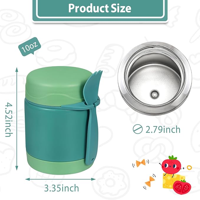 10oz Soup Thermo for Hot Food Kids,Lunch Thermo Kids Food Jar with Spoon Hot Insulated Food Containers,Leak Proof Stainless Steel Wide Mouth Lunch Food Thermo Jar for School(Green)