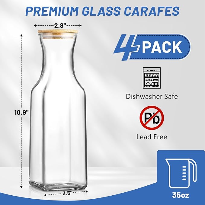35 Oz Square Glass Carafe with Bamboo Lid, Beverage Dispensers,Mimosa Bar Supplies,Clear Glass Pitcher with Name Labels for Iced Tea,Coffee,Juice(Pack of 4)