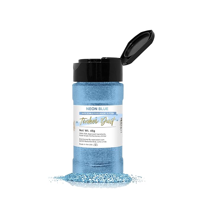 BAKELL Neon Blue Edible Glitter, 45 Grams | TINKER DUST Edible Glitter | KOSHER Certified | 100% Edible Glitter | Cakes, Cupcakes, Cake Pops, Drinks, Dessert Vegan Glitter & Dusts (45g Shaker, Neon Blue)