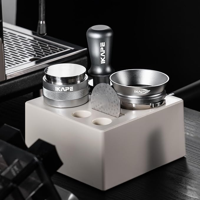IKAPE 58MM Espresso Tamper Kit Silver 8 IN 1, Coffee Tamper Set comprising a Tamper, Distributor, Magnetic Dosing Funnel, Puck Screen, Station, WDT Tool, along with a Cleaning Towel and Brush