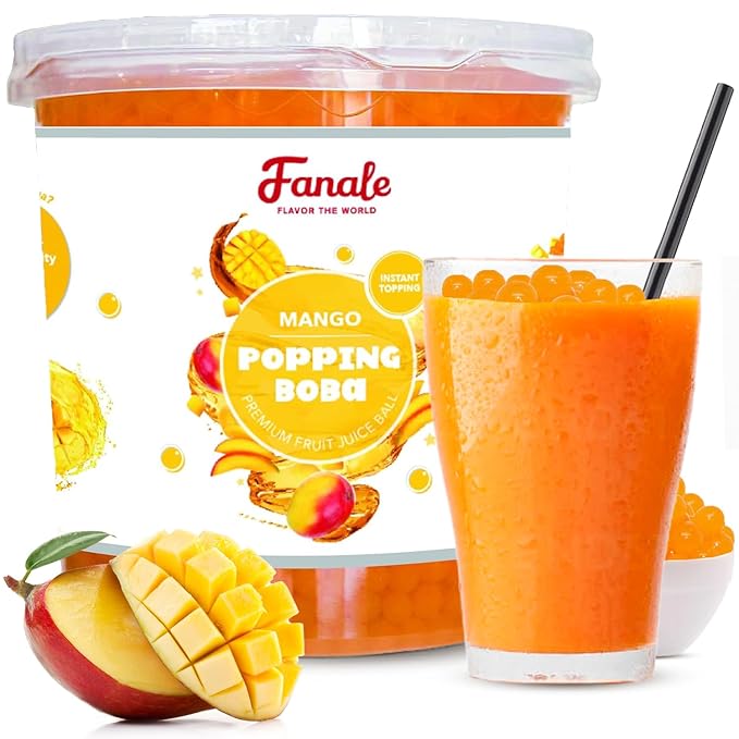 Fanale Mango Popping Boba Pearls, Vegan, Non GMO, Gluten Free, Fat Free, Perfect for Bubble Tea, Smoothies, Ice Cream, Desserts, and Beverages.