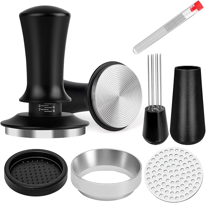 Espresso Accessories Kit 53mm, Spring Loaded Calibrated Espresso Tamper, Wdt Tool Espresso and Silicone Tamper Mat,Dosing Funnel, Coffee Puck Screen and 12 Replacement Needles Fit 53mm Portafilters