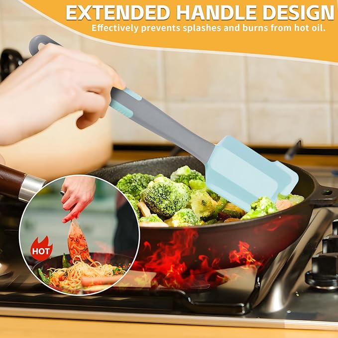 Silicone Basting Brush & Spatula - Extra Long, Heat Resistant, for Baking, Scraping, Mixing, BBQ, Grill, Kitchen, Cooking, Spread Oil, Butter, Sauce (Blue Brush & Spatula)