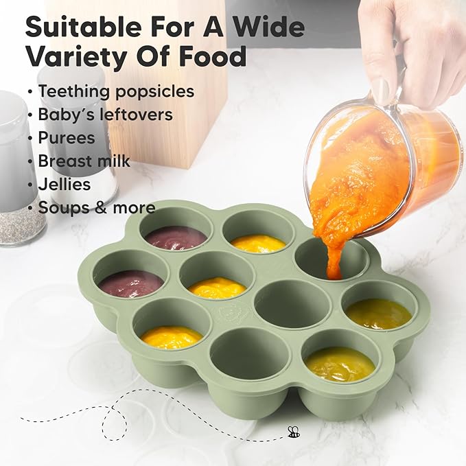 KeaBabies Silicone Food Freezer Trays with Lid, 2oz x 10 Pods Baby Food Storage Containers, Easy Puree Meal Prep, Breast Milk Silicone Freezer Molds, Dishwasher, Microwave Safe, BPA-Free (Sage)