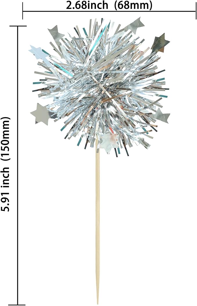 Ephlyn 30Pcs Foil Firework Cupcake Toppers Party Birthday Cake Toppers Supplies Sparkle Tinsel Cocktail Fruit Toothpick for Birthday Wedding Graduation Party Silver