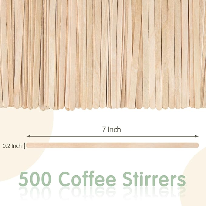 WISYOK 500 PCS Coffee Stirrers, 7 Inch Premium Birch Wood Sticks, Smooth Round Ends, Splinter-Free Disposable Stir Sticks for Coffee, Cocktails, Office, Home Use