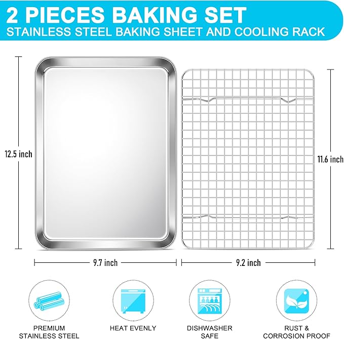 E-far Stainless Steel Baking Sheet with Wire Rack Set, 12.5” x 9.7” Cookie Sheet Broiling Pan for Oven, Rimmed Metal Tray with Cooling Rack for Cooking Roasting, Non-Toxic & Dishwasher Safe