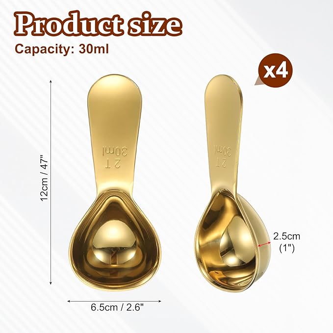 uxcell 2Pcs Stainless Steel Coffee Scoop, 30ml Short Handle Measuring Spoon for Ground Coffee Tea Sugar Kitchen Gifts, Gold