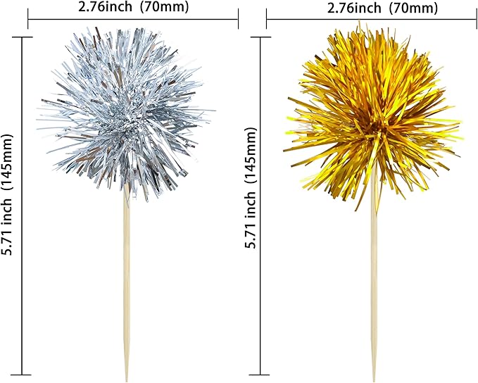 Gyufise 30Pcs Foil Firework Cupcake Toppers Sparkle Tinsel Cake Toppers Tinsel Drink Cake Decoration Cocktail Picks for Birthday Wedding Graduation Party Supplies Gold Silver