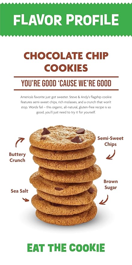 “Steve & Andy’s Thin & Crispy Scrumptious Chocolate Chip Cookies - Organic & Gluten Free, Non-Gmo, Nut Free, Wheat Free, Soy Free - 3 Boxes,16.5 Oz (30 Cookies)
