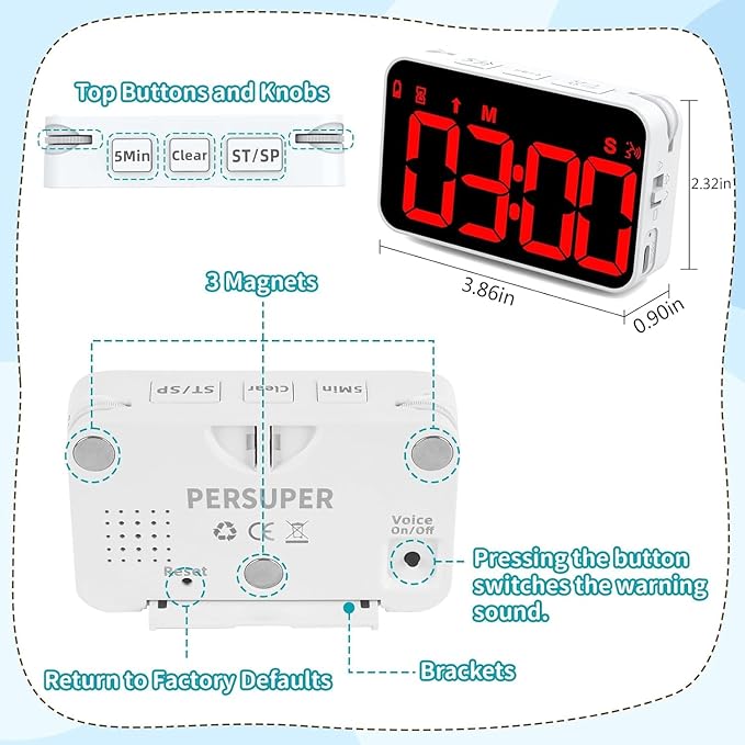 Digital Timer for Kids, 199min 59s Countdown/Up, Rechargeable, Magnetic, 3 Brightness Display, 3 Volume Levels and Vibration, with Sound Alert Function, for Kitchen, Classroom, Study, Fitness
