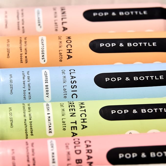 Pop & Bottle, Oat Milk Lattes - Maca, Antioxidants, Ashwagandha, MCT Oil, Collagen, Mushrooms, Organic, Dairy & Gluten Free, Great as Iced Coffee, Lightly Sweetened with Dates - 8 Fl Oz (5 Pack)