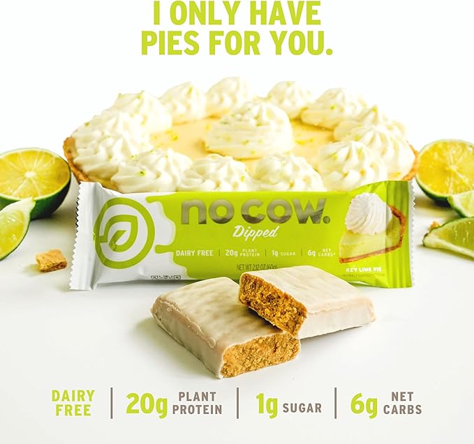 No Cow High Protein Bars, Dipped Key Lime Pie - Healthy Snacks, 20g Vegan Protein, High Fiber, Low Sugar, Keto Friendly, Dairy & Gluten Free (12 Count)