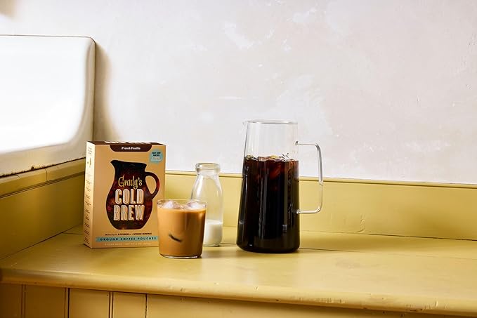 GRADY’S COLD BREW, French Vanilla, 100% Arabica Ground Coffee & Chicory Pouches, TWO Bundles of 4 Easy-to-Brew Bean Bags, Makes 24 drinks