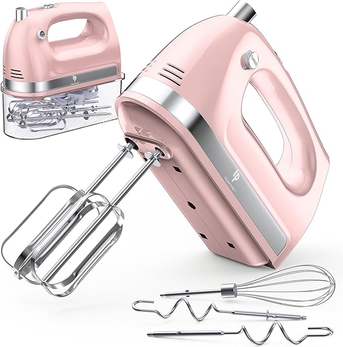 Hand Mixer Electric, 400W Food Mixer 5 Speeds Handheld Blender, 5 Stainless Steel Accessories, Storage Box, Kitchen Blender with Cord for Cream, Cookies, Dishwasher Safe, Pink