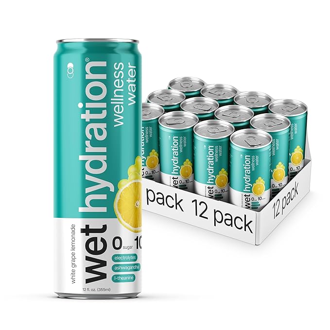 Wet Hydration Wellness Water | Electrolyte Drink with Ashwagandha & L-Theanine – White Grape Lemonade (12oz Cans, Pack of 12) | Zero Sugar, 10 Calories, Zero Bubbles, Functional Hydration