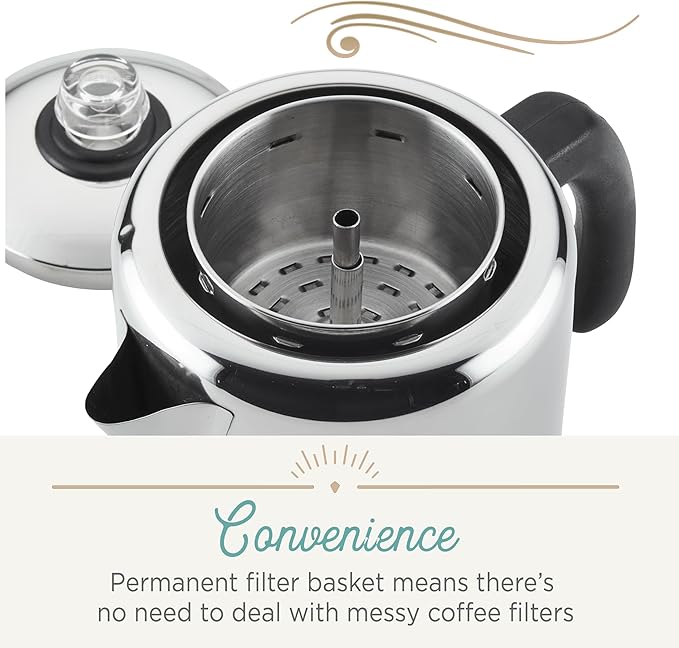 Farberware 47053 Classic Stainless Steel Yosemite 12-Cup Coffee Percolator, 12 Cup Coffee Maker, Silver