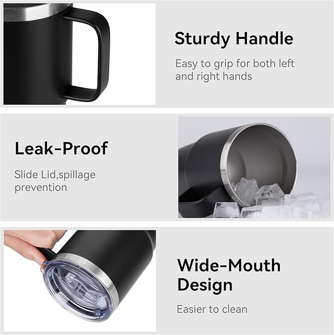 HASLE OUTFITTERS 20oz Tumbler Bulk with Lid, Stainless Steel Tumbler Bulk with Handle, Metal Insulated Travel Coffee Mug Set with Handle, Double Wall Vacuum Leak Proof Tumbler Cup, Black 12 Pack