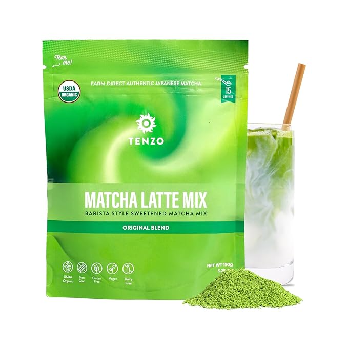 Tenzo Matcha Green Tea Powder, Organic Cafe Sweetened Matcha Latte Green Tea Powder, Ceremonial Barista Crafted Mix - Authentically Japanese - Matcha Latte Mix (5.29 Ounce)