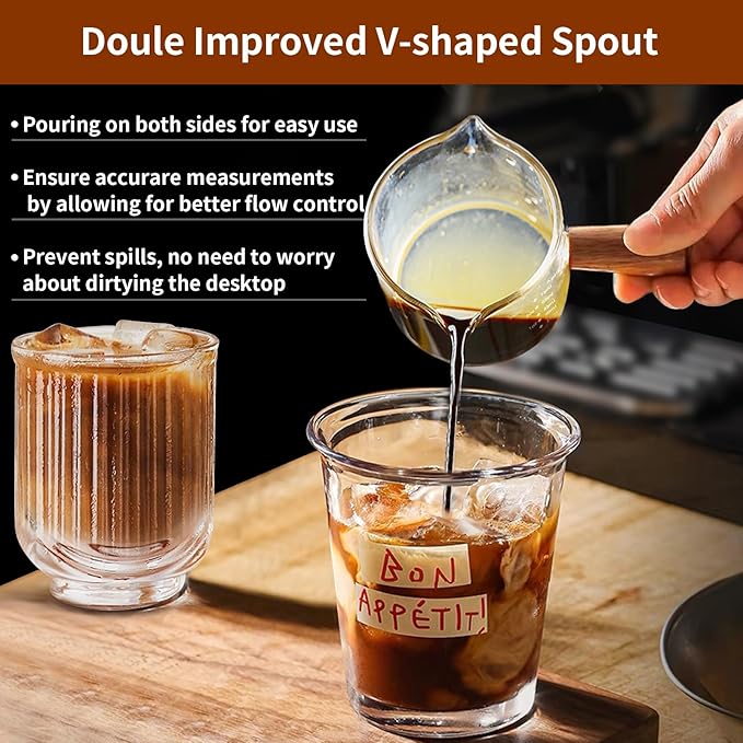 YARRAMATE 3oz Espresso Cups with Wood Handle (2 pack), Clear Glass Espresso Accessories, Double Spout Glass Measuring Cup with Dual Scale, Espresso Shot with V-Shaped Spout