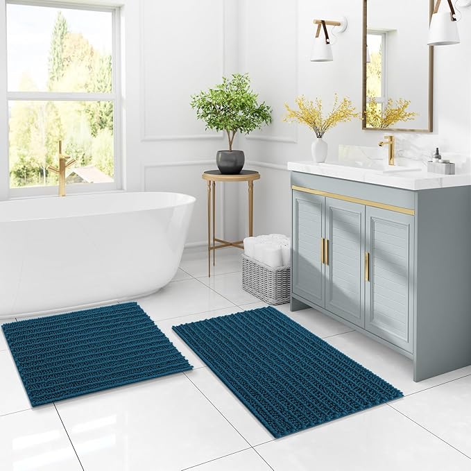 Arotive Luxury Chenille Bathroom Rug Mat, Extra Soft Thick Absorbent Shaggy Bath Rugs, Non-Slip Machine Wash Dry, Plush Bath Mats for Bathroom, Shower and Tub, 60x24, Peacock Blue