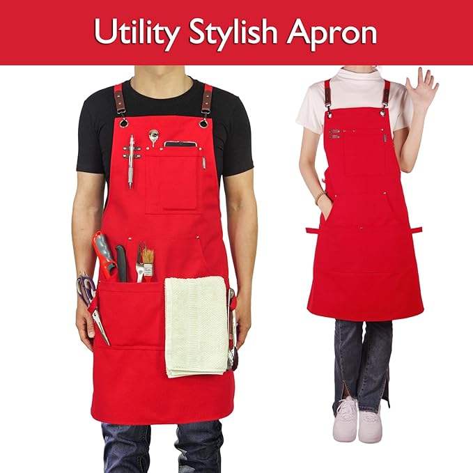 5 Pack Kitchen Apron, Work Apron, Canvas, Multiple Pockets, Gardening, Painting, BBQ, Artist, Carpenter, Sizes M to XXL, Red