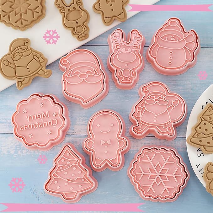 8Pcs Christmas Cookie Cutters, 3D Plastic Snowflake, Santa, Tree, Snowman Design Biscuit Mould and Cutters