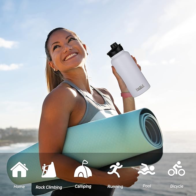 HASLE OUTFITTERS 32 oz Insulated Water Bottle Stainless Steel Double Walled Vacuum Sports Water Bottle with 2 Lids (Straw and Spout Lid) for Gym Camping Hiking(White,8)