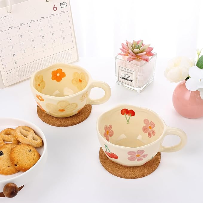 Ceramic Coffee Mug Set of 2 Vintage Flower Mugs 8 oz Cute Floral Coffee Mugs Irregular Latte Art Cup Lead-free Porcelain Cups for Cappuccino, Cocoa (Pink Cherry and Orange Flower)