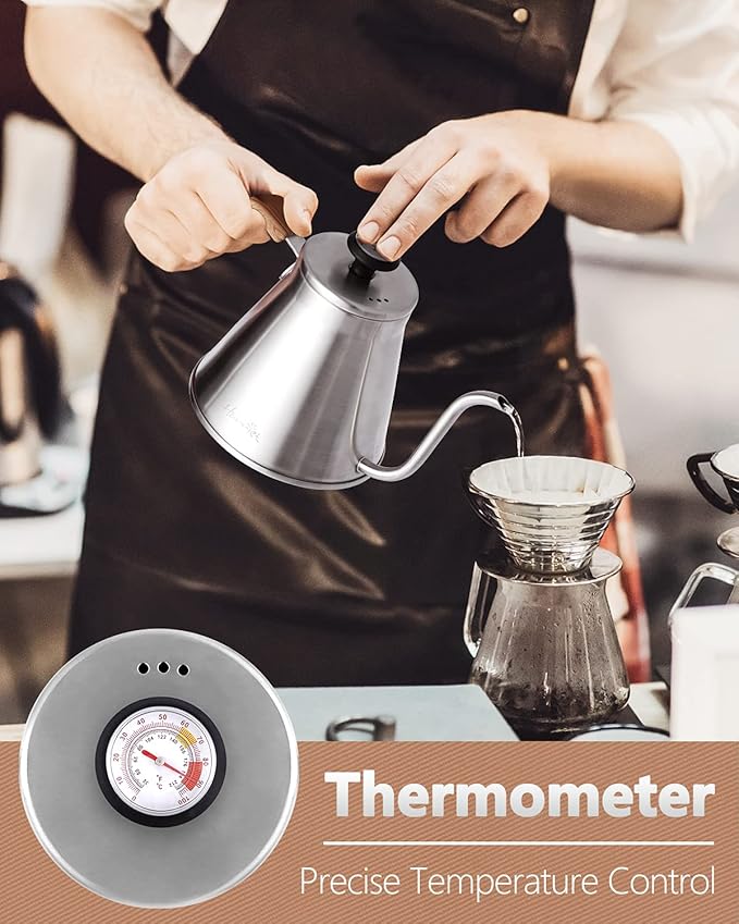 Harriet Gooseneck Kettle with Thermometer for Pour Over Coffee and Tea, 37 fl oz, Stainless Steel, Durable 3-Layer Base, Ideal Spout for Precision Pouring, Compatible with all Stove Tops